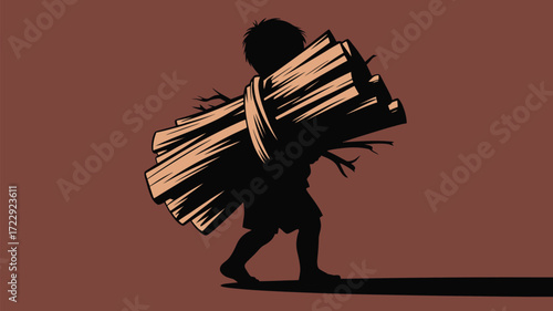 Silhouette of a child carrying a heavy bundle of firewood, symbolizing labor, responsibility, and the struggles faced by children in challenging circumstances