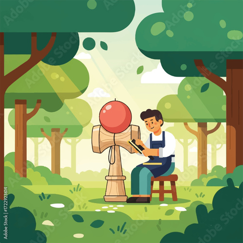 A craftsman meticulously working on a large wooden Kendama toy in a vibrant forest setting.