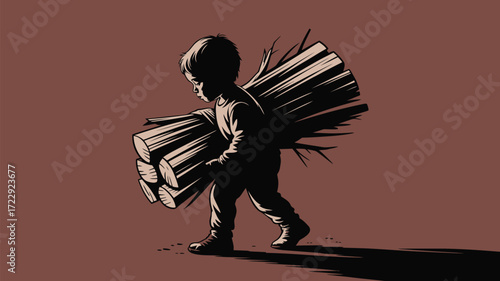 A young boy carrying heavy bundle of firewood in the cold, conveying hard work, resilience, and simple living in a rustic setting, vector art