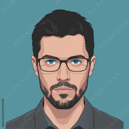 Ritratto digitale in stile cartone animato di un uomo con barba, occhiali e capelli scuri su sfondo blu
