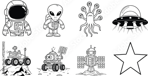 Astronaut cartoon, alien characters, UFO spaceship, space rover, satellite, cosmic star, extraterrestrial creatures, science fiction, outer space exploration, technology