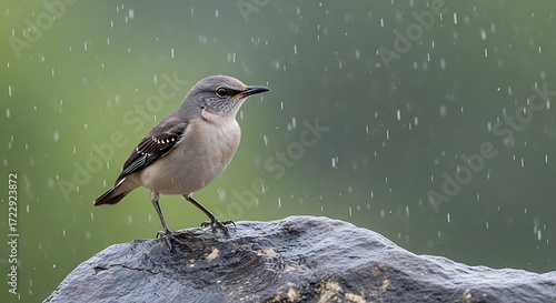 A small bird stands on a rock in the rain.