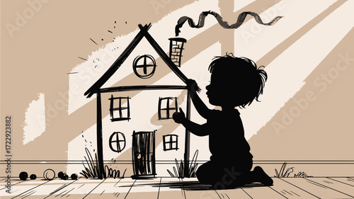 Dreamy silhouette of a child drawing a house, fostering imagination and creativity, perfect for childhood development concepts or real estate themes