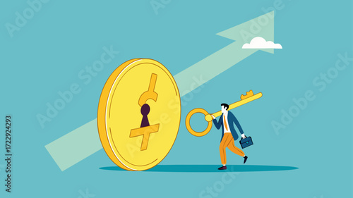 smart businessman investor holding big key to open coin keyhole, unlock secret gift for invest, key to investing or financial wealth, open to investment opportunities concept illustration flat style