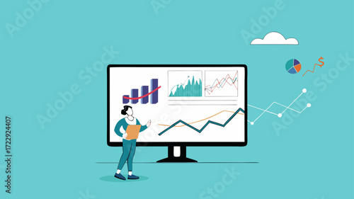 data analyst illustration, Financial Analyst Or Consultant, analysis of economic growth graphs, business growth analysis, businessman analyze data with magnifying glass and company document