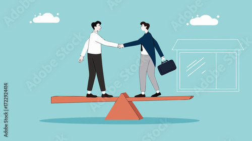 business agreement, cooperation in business to achieve certain targets, with an illustration of two business people shaking hands on seesaw. business balancing concept illustration with flat style