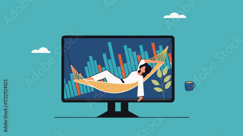 Passive income, earning with no effort by make profit or dividend from investment and achieve financial freedom concept, businesswoman sleeping in hammock with investment growth graph background
