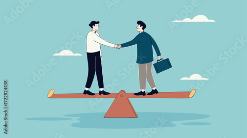 business agreement, cooperation in business to achieve certain targets, with an illustration of two business people shaking hands on seesaw. business balancing concept illustration with flat style