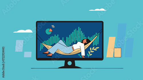 Passive income, earning with no effort by make profit or dividend from investment and achieve financial freedom concept, businesswoman sleeping in hammock with investment growth graph background