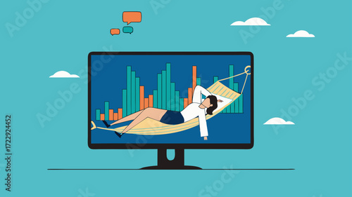 Passive income, earning with no effort by make profit or dividend from investment and achieve financial freedom concept, businesswoman sleeping in hammock with investment growth graph background