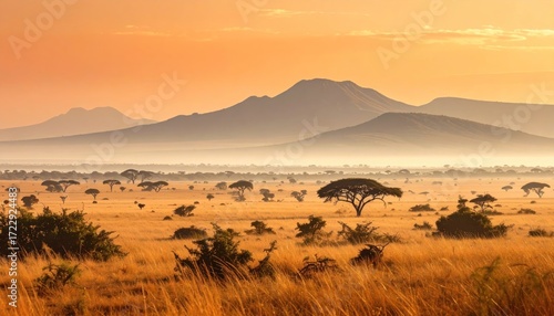 Sweeping golden grasslands transition to hazy foothills and misty peaks under a soft, warm light. Scattered trees dot the savanna's vast expanse