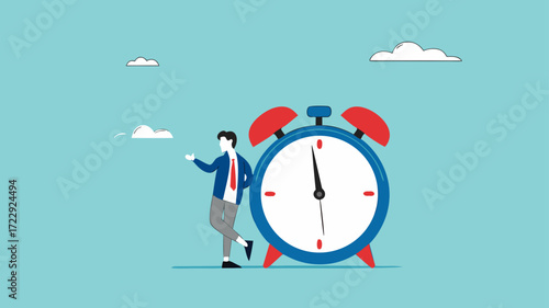 time for a break illustration with concept of businessman is resting while drinking coffee and leaning on a big clock, coffee break time to relax and refresh from long stress concept illustration