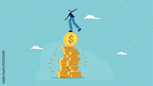 financial stability and money management concept vector illustration, economic balance concept, businessman balance on unstable coins stack concept modern flat design style illustration