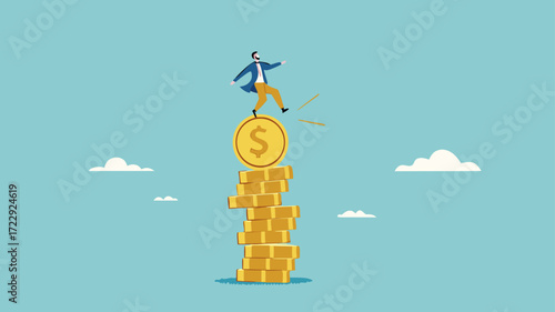 financial stability and money management concept vector illustration, economic balance concept, businessman balance on unstable coins stack concept modern flat design style illustration