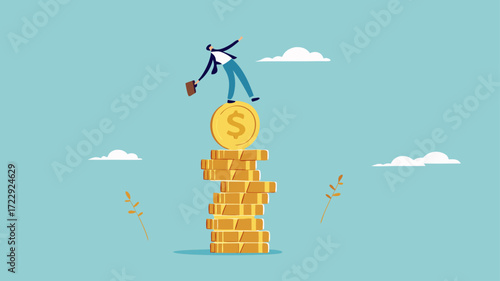 financial stability and money management concept vector illustration, economic balance concept, businessman balance on unstable coins stack concept modern flat design style illustration