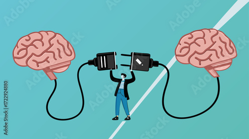 creative idea collaboration, collaborative thinking to make new innovation or strategy, exchange ideas concept, man connect plug with brain to brain concept vector illustration with flat style design