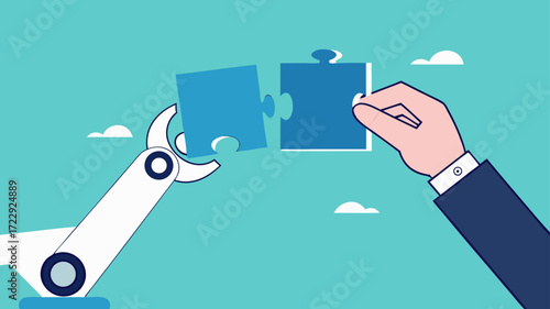 AI robot with businessman illustration with the concept of hand AI robots and humans solving puzzles suitable for describe AI with future of the work, work with artificial intelligence concept design