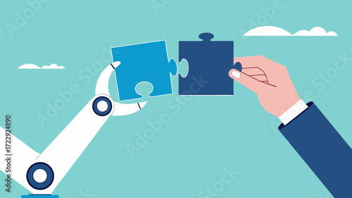 AI robot with businessman illustration with the concept of hand AI robots and humans solving puzzles suitable for describe AI with future of the work, work with artificial intelligence concept design