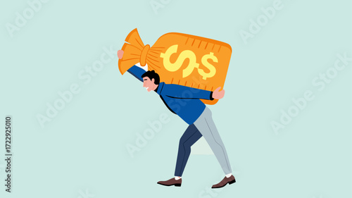 Illustration of an entrepreneur who is burdened by excessive business costs flat design vector illustration, financial problems in business, the company operational costs are increasing, cost overruns