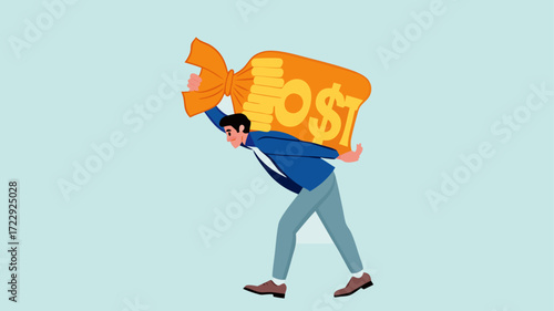 Illustration of an entrepreneur who is burdened by excessive business costs flat design vector illustration, financial problems in business, the company operational costs are increasing, cost overruns