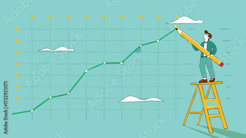 increase business performance followed by a lot of income, businessman climbing a ladder to make a financial growth graph using a pencil, Business goals as profit target achievement process
