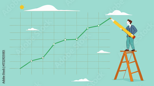 increase business performance followed by a lot of income, businessman climbing a ladder to make a financial growth graph using a pencil, Business goals as profit target achievement process