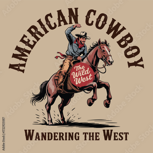 Western Cowboy T-Shirt Design,  Vintage Retro Vector Illustration of Cowboy in Arizona Desert – Ideal for Wild West Apparel, Posters, Graphic Design, and Classic Western Art