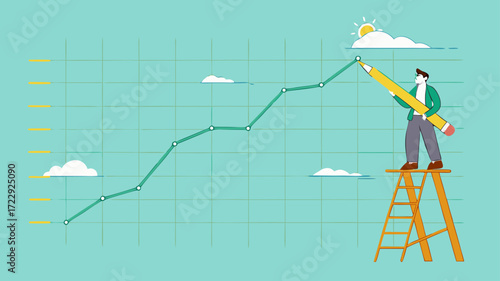increase business performance followed by a lot of income, businessman climbing a ladder to make a financial growth graph using a pencil, Business goals as profit target achievement process