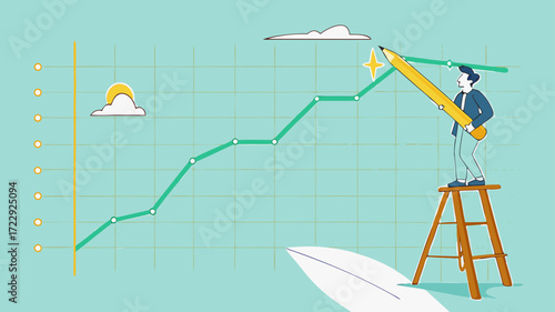 increase business performance followed by a lot of income, businessman climbing a ladder to make a financial growth graph using a pencil, Business goals as profit target achievement process