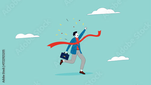 career success or business objective, achieve business goal, happy businessman crossing the ribbon line of business goals concept vector illustration with flat design style