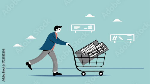 property investment, business people push shopping carts containing property buildings for real estate investment concept vector illustration with flat design style