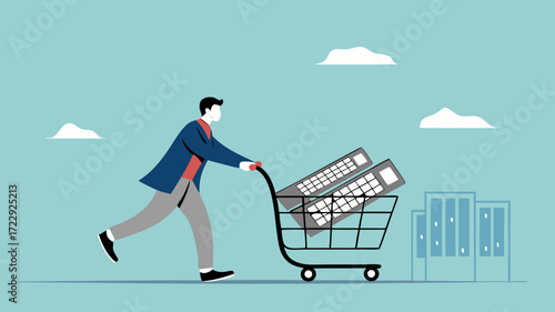 property investment, business people push shopping carts containing property buildings for real estate investment concept vector illustration with flat design style