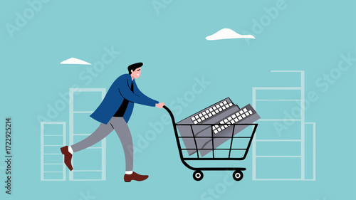 property investment, business people push shopping carts containing property buildings for real estate investment concept vector illustration with flat design style