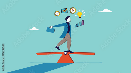 multiple project management concept illustration, juggle multiple project concept, professional businessman manage multiple project at the some time vector illustration while standing on seesaw