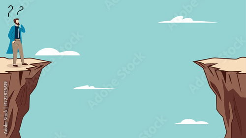 creative problem solving at work illustration with the concept of a businessman who is looking for a way to cross the gap between two cliffs, challenge at work concept