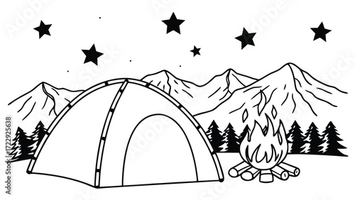 Cozy camping tent and campfire under a starry night sky