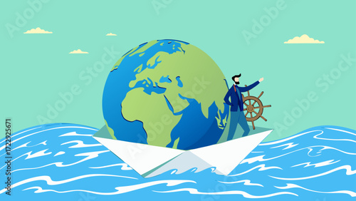 Businessman put new branch pin on world map across globe. Global business expansion, open company branches, franchise in new location to cover all continent. growing business worldwide concept design