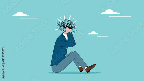 stress or anxiety, overthinking or mental exhaustion or negative emotional, depressed or top much worried, businessman overload to thinking about business with mess head