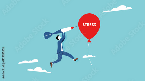 overcome stress and anxiety with businessman jumping to burst stress balloon using darts, stress management concept, Managing and Reducing Stress concept vector illustration