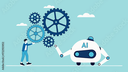 AI robot with people illustration with the concept of a businessman repairing gear with the help of an AI robot suitable to describe AI with future of the work, human collaboration with AI concept