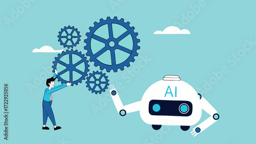 AI robot with people illustration with the concept of a businessman repairing gear with the help of an AI robot suitable to describe AI with future of the work, human collaboration with AI concept