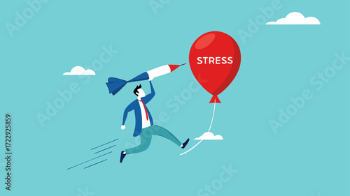 overcome stress and anxiety with businessman jumping to burst stress balloon using darts, stress management concept, Managing and Reducing Stress concept vector illustration