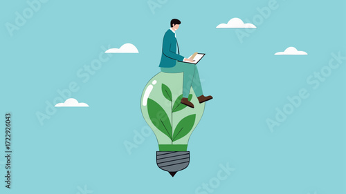 businesswoman working with computer on green sustainable light bulb, Environmental social and governance, sustainable business, industry using environmentally friendly energy or renewable energy, ESG