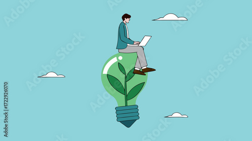 businesswoman working with computer on green sustainable light bulb, Environmental social and governance, sustainable business, industry using environmentally friendly energy or renewable energy, ESG