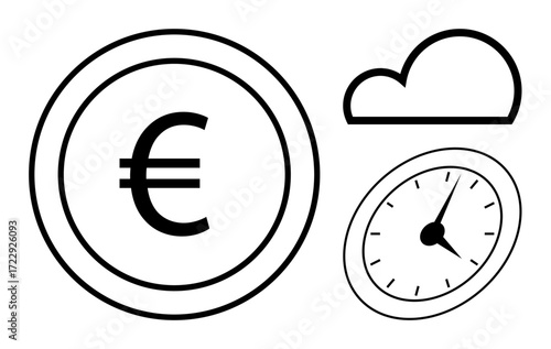 Euro coin, analog clock, and cloud outline symbolizing time management, finance, digital services, technology, cloud computing, scheduling and investment. Simple flat metaphor