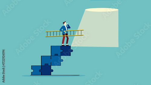 success step to achieve financial freedom or business goal, Business goals as profit target achievement process, the way to achieve goal, businessman making ladder from puzzle to the space of freedom