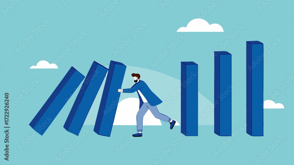 Obraz premium prevent economic recession illustration with concept of business people stop domino effect or financial chain reaction collapse, stop loss to avoid market crash or banking collapse illustration