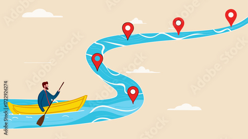 career path to success, the way to achieve goal, milestone or career path achievement, route or pathway to achieve goals, businessman riding a kayak towards achievement milestone to success