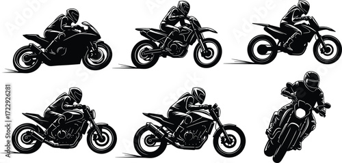 Motorcycle rider silhouette set, sport bike, motocross, dirt bike, street racing, biker illustration, motorbike stunt, extreme sport vector