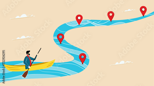 career path to success, the way to achieve goal, milestone or career path achievement, route or pathway to achieve goals, businessman riding a kayak towards achievement milestone to success
